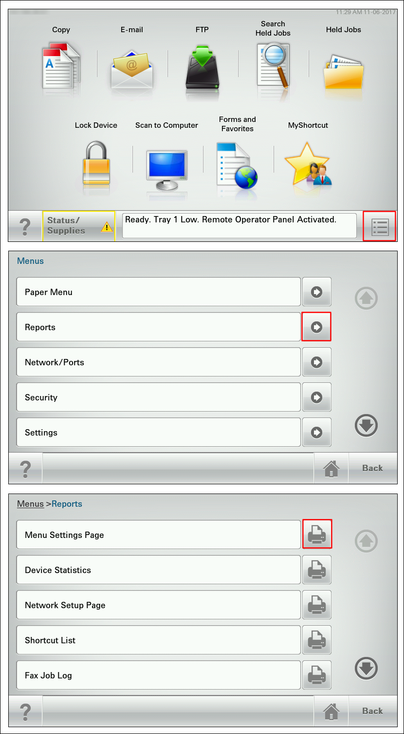 Printing the Menu Settings Page on most touchscreen printers and